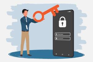 Man holding a key to login or access mobile phone using username and password. Online data privacy protection concept vector
