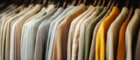 A rack of shirts and pants hanging on a hanger photo