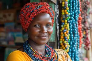 A woman in a colorful head wrap stands in front of a store photo