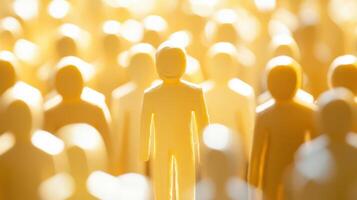 A yellow figure stands out from a crowd of people photo