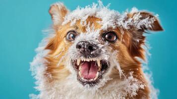 A dog with its mouth open and its hair covered in snow photo