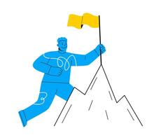 Man character conqueror achievement top point goal mountain. business concept. Colorful illustration vector