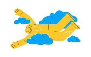 Dreaming, fantasizing, hovering in the clouds. Dreaminess man. Colorful illustration vector