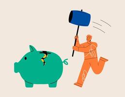 Man with hammer breaks piggy bank to use savings. Concept of return on investment. Colorful illustration vector