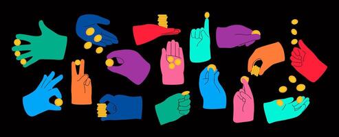 Hands pose for counting, giving, taking, placing, throwing, and showing coins. Collection of cartoon money, cent in fingers and palms. Colorful flat illustration isolated on blackbackground vector