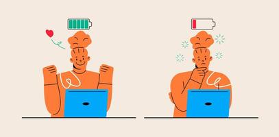 Female sitting at the table with full and low battery. Burnout concept. Colorful illustration vector