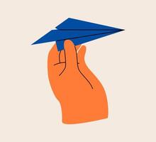 Hand hold Paper Plane in hand. Colorful illustration vector