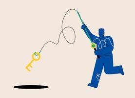 Man with a fishing rod steals the key. Hacker business idea. Colorful illustration vector