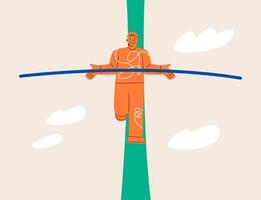 Man balancing on rope in the air. Business challenge, balance concept. Colorful illustration vector