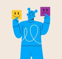 Girl holding in hands two notes. Positive and negative concept. Colorful illustration vector