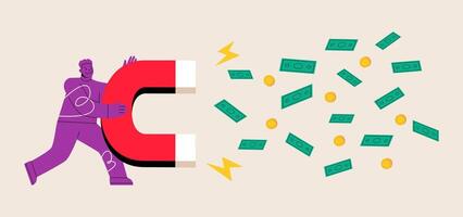 Man use large magnet to attract money. business concept. Colorful illustration vector