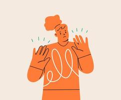 Terrified female feel frightened and stressed ask to stop. Emotion and fear concept. Colorful illustration vector