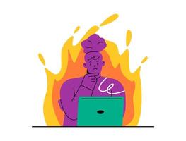 Deadline, work on fire mode. Stressed woman hurrying, hectic about missing work deadline, time limits. Colorful illustration vector