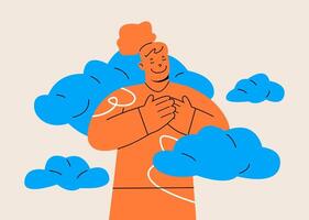 Dreaming, fantasizing, hovering in the clouds. Dreaminess girl. Colorful illustration vector