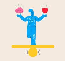 Smiling woman find balance between heart and brain. Rational reasonable and emotional choice. Colorful illustration vector