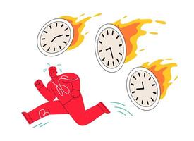 Deadline and rush hour. Man at burning clock. Time management. Planning and setting goals. Colorful illustration vector
