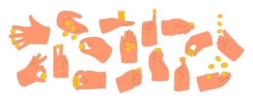 Hands pose for counting, giving, taking, placing, throwing, and showing coins. Collection of cartoon money, cent in fingers and palms. illustration vector