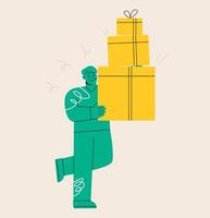 Man received present with love, holding a pile of presents in the boxes, Surprised. Colorful illustration vector