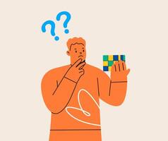 Man holding a rubik cube or a puzzle.Decision-making process, logical thinking, and solving logical tasks. Colorful illustration vector