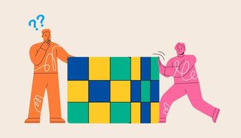 Man and woman moving a huge rubik's cube. Decision-making process, logical thinking, and solving logical tasks. Colorful illustration vector
