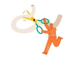 Man using big scissors to cut pile of bills and expense. Limit spending or control cash flow concept. Colorful illustration vector