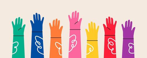 Set of hands raised up. Concept of volunteer community. Colorful illustration vector