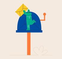 Inbox mail and mailbox. Tiny man are happy to receive the letter. Open post box. Business correspondence. Colorful illustration vector
