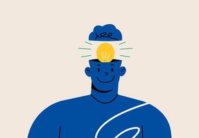 New idea. Man has a bright idea for marketing strategy with a bulb on his head. Colorful illustration vector