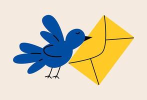 A bird carries an envelope. Messaging, sending letters, contact, or sharing information concept. Colorful illustration vector