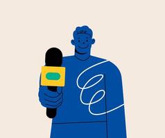 Man holds a microphone in his hand to record sound. Colorful illustration vector