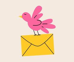 A bird carries an envelope. Messaging, sending letters, contact, or sharing information concept. vector