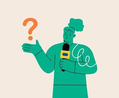 Woman holding microphone asking interview questions. Woman being curious asking for answers. Colorful illustration vector