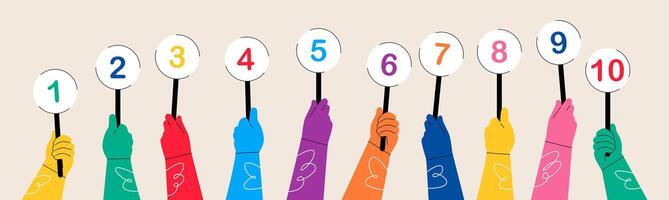 Numbers in hands. Numeric scorecard for judge competition. Jury results. Colorful illustration vector