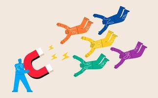 Attracting users and customers. Man with big magnet getting new clients and users. Colorful illustration vector