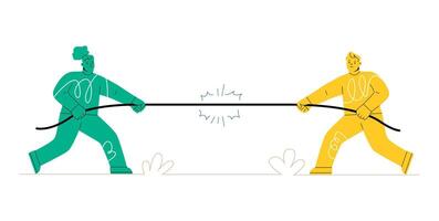 Man and woman pulling rope in different direction. Rivalry and conflict concept. Colorful illustration vector