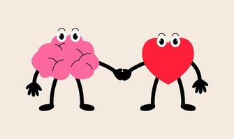 Brain and heart holding hands. Concept of teamwork between mind and feelings. Colorful illustration vector