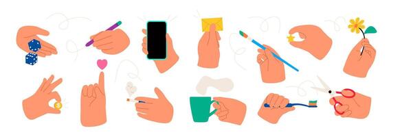 Various hands holding things. Different gestures. Colorful flat illustration isolated on white background vector