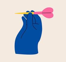 Hand holding throwing dart with sharp tip. Colorful illustration vector