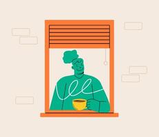 Woman at window with coffee. Windows person enjoy drinking coffee. Colorful illustration vector