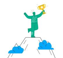 Man standing on a top of mountain and holding up winning trophy. Business concept. Colorful illustration vector