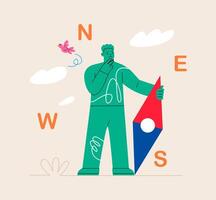 Frustrated man holding broken compass lost direction finding way to go. Colorful illustration vector