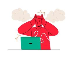 Man losing temper in annoyance, displeasure with computer work. Colorful illustration vector