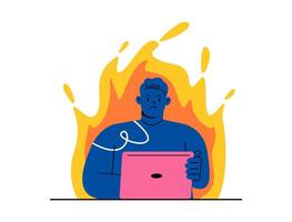 Deadline, work on fire mode. Stressed man hurrying, hectic about missing work deadline, time limits. Colorful illustration vector