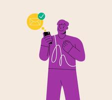 Man checking email on smartphone. Colorful illustration vector
