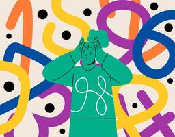 Obsessive compulsive disorder symptoms with woman fear, has intrusive thoughts and counting. OCD concept about numbers counting obsession. Colorful illustration vector