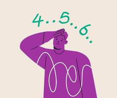 Obsessive compulsive disorder symptoms with man fear, has intrusive thoughts and counting. OCD concept about numbers counting obsession. Colorful illustration vector