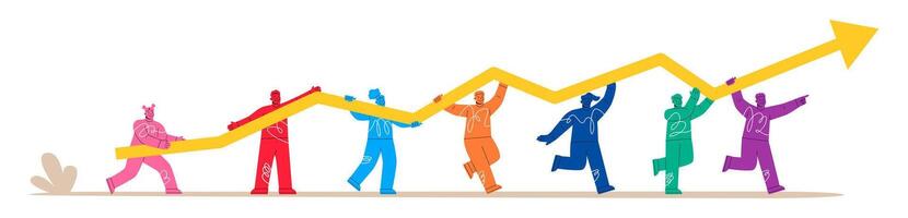 Group of people lifting up a financial graph and arrow. Colorful illustration vector