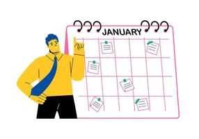 Business concept with schedule calendar organize daily routine. Flat illustration isolated on white background vector