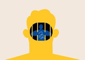 Man in prison of abstract human head. Restriction of freedom of thought. Colorful illustration vector
