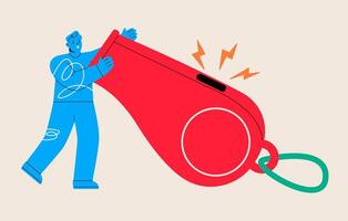 Man blowing the whistle out load while pointing signal to tell other people. Communication concept. Colorful illustration vector